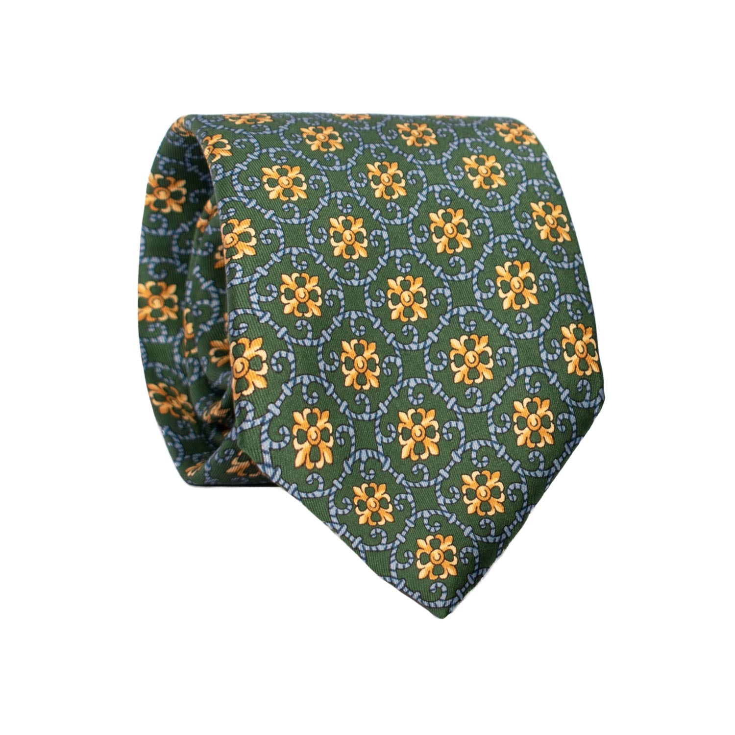 Cravatta Stampa di Seta Verde Fantasia Giallo Oro Avio 7314 Graffeo Cravatte Made in Italy Rotolo