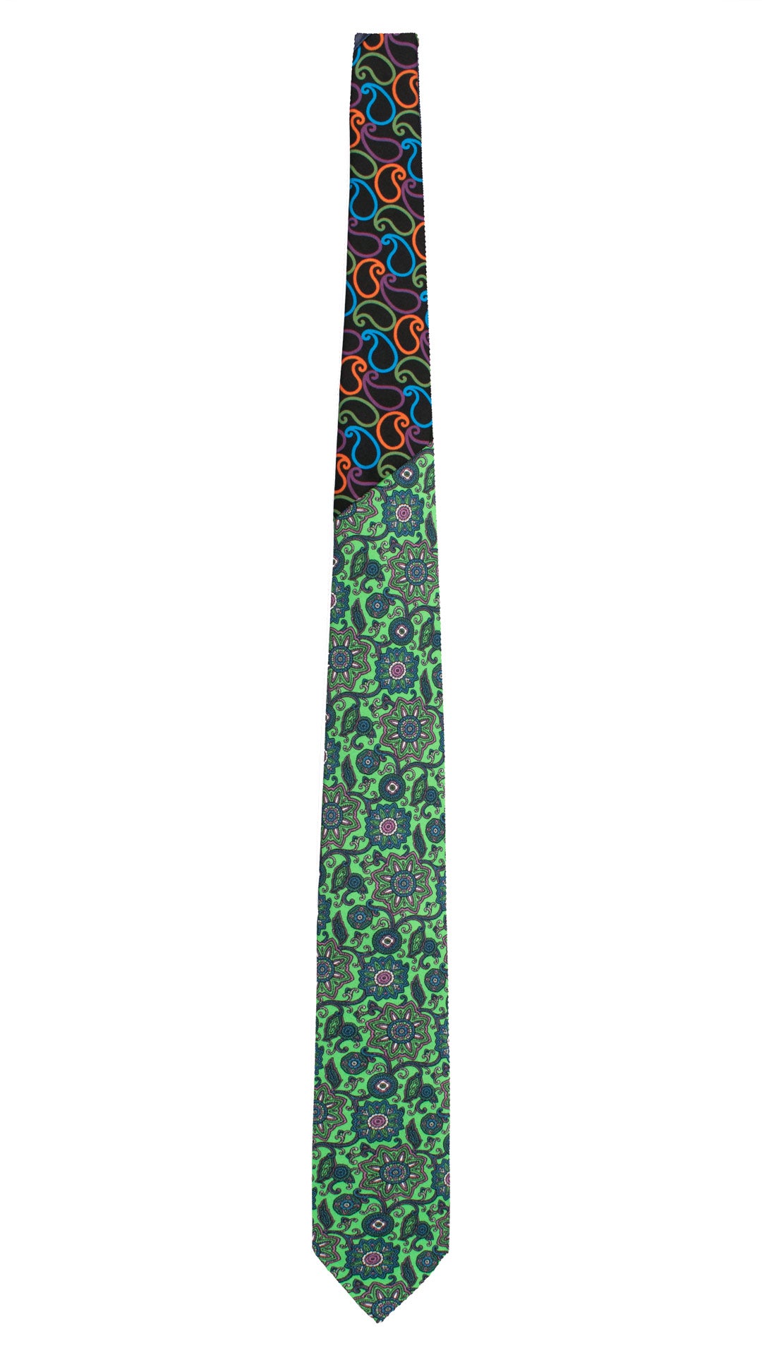 Cravatta Stampa di Seta Verde Fluo Paisley Multicolor Nodo in Contrasto Nero Paisley Multicolor N3279 Made in Italy Graffeo Cravatte Intera