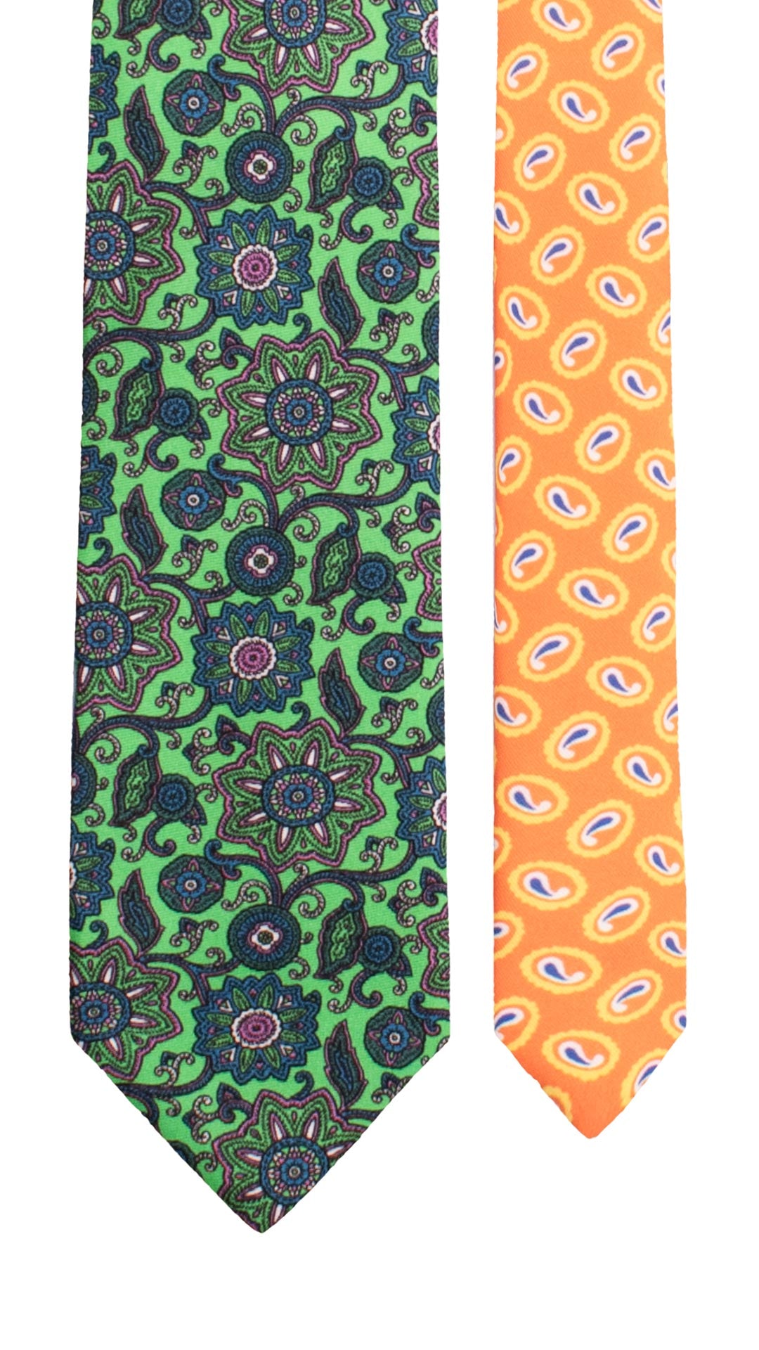 Cravatta Stampa di Seta Verde Fluo Paisley Multicolor Nodo in Contrasto Nero Paisley Multicolor N3279 Made in Italy Graffeo Cravatte Pala