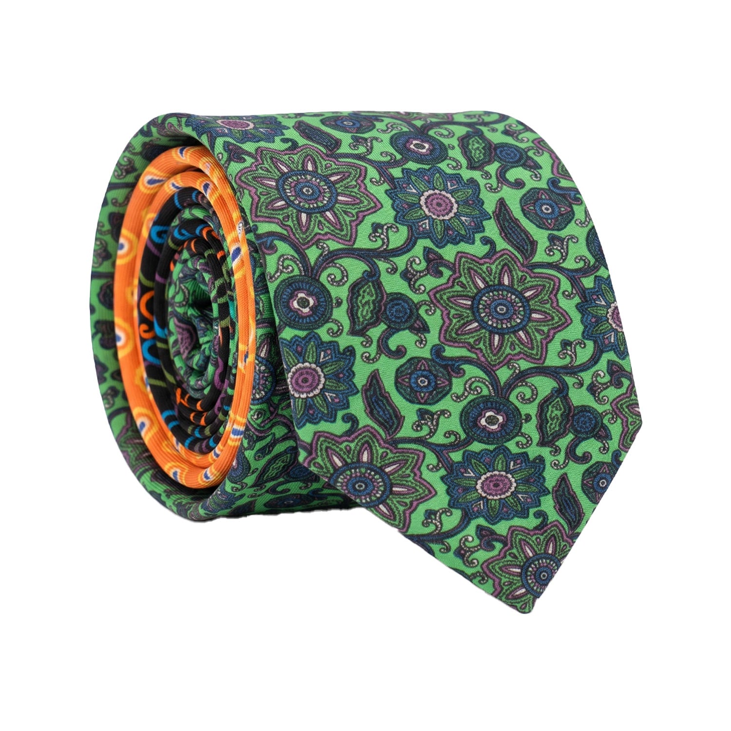 Cravatta Stampa di Seta Verde Fluo Paisley Multicolor Nodo in Contrasto Nero Paisley Multicolor N3279 Made in Italy Graffeo Cravatte Rotolo