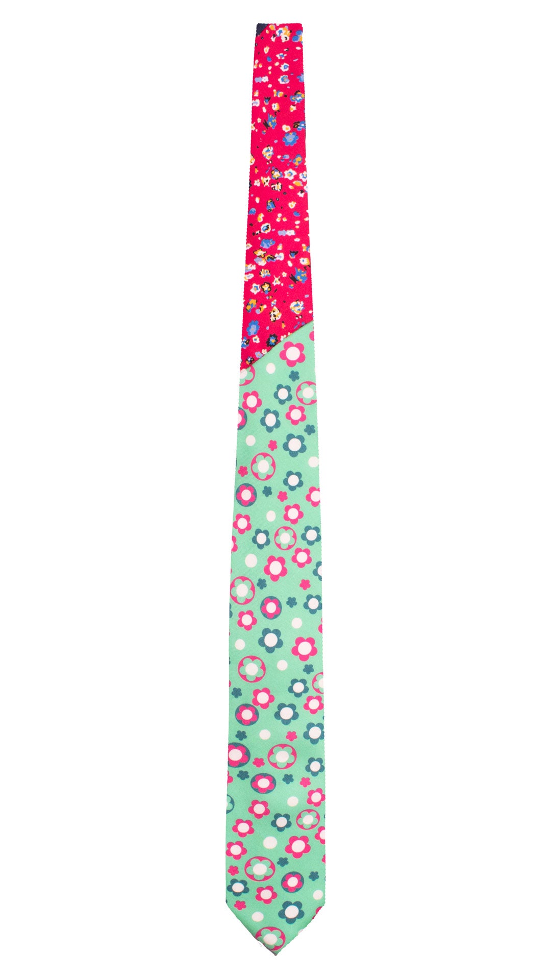 Cravatta Stampa di Seta Verde Mela a Fiori Multicolor Nodo in Contrasto Magenta Fantasia Multicolor N3263 Intera