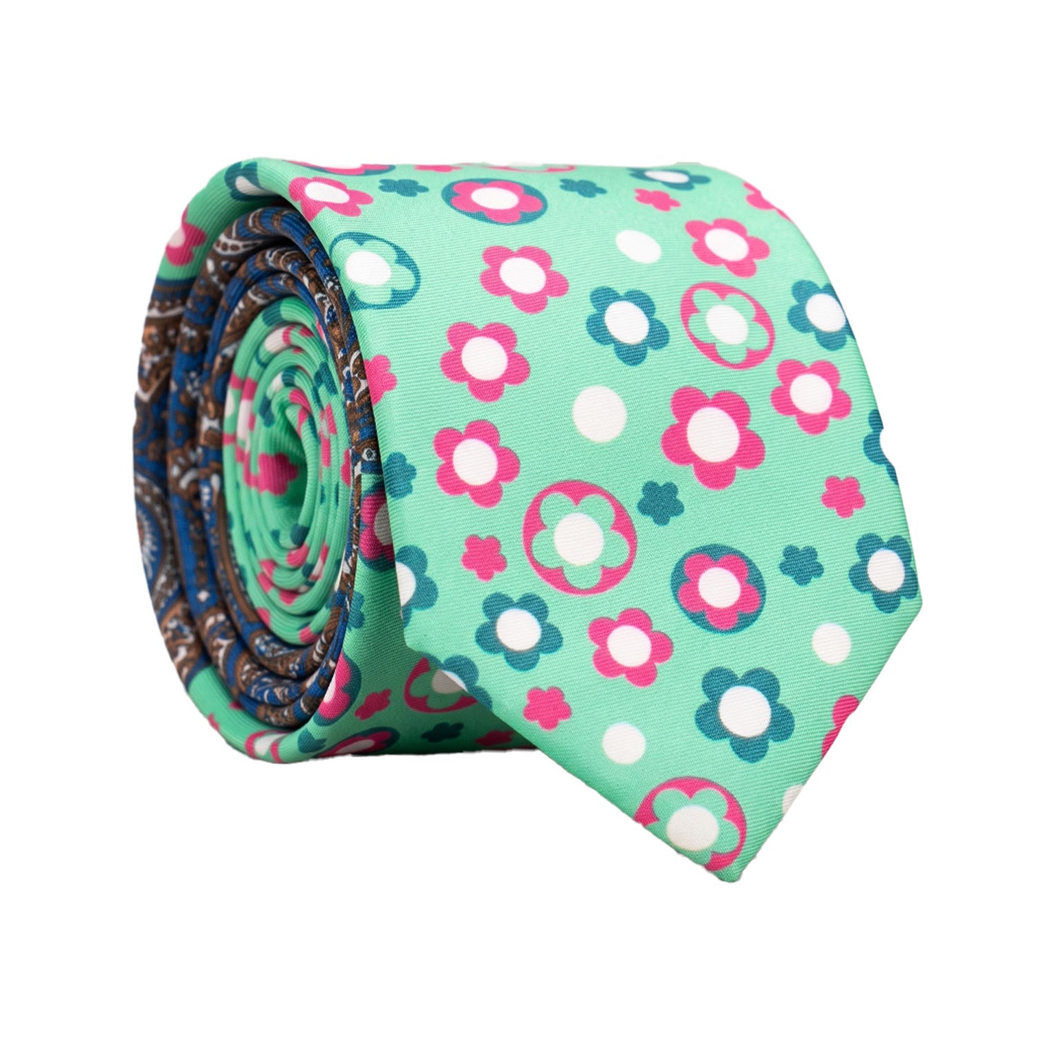 Cravatta Stampa di Seta Verde Mela a Fiori Multicolor Nodo in Contrasto Magenta Fantasia Multicolor N3263 Rotolo