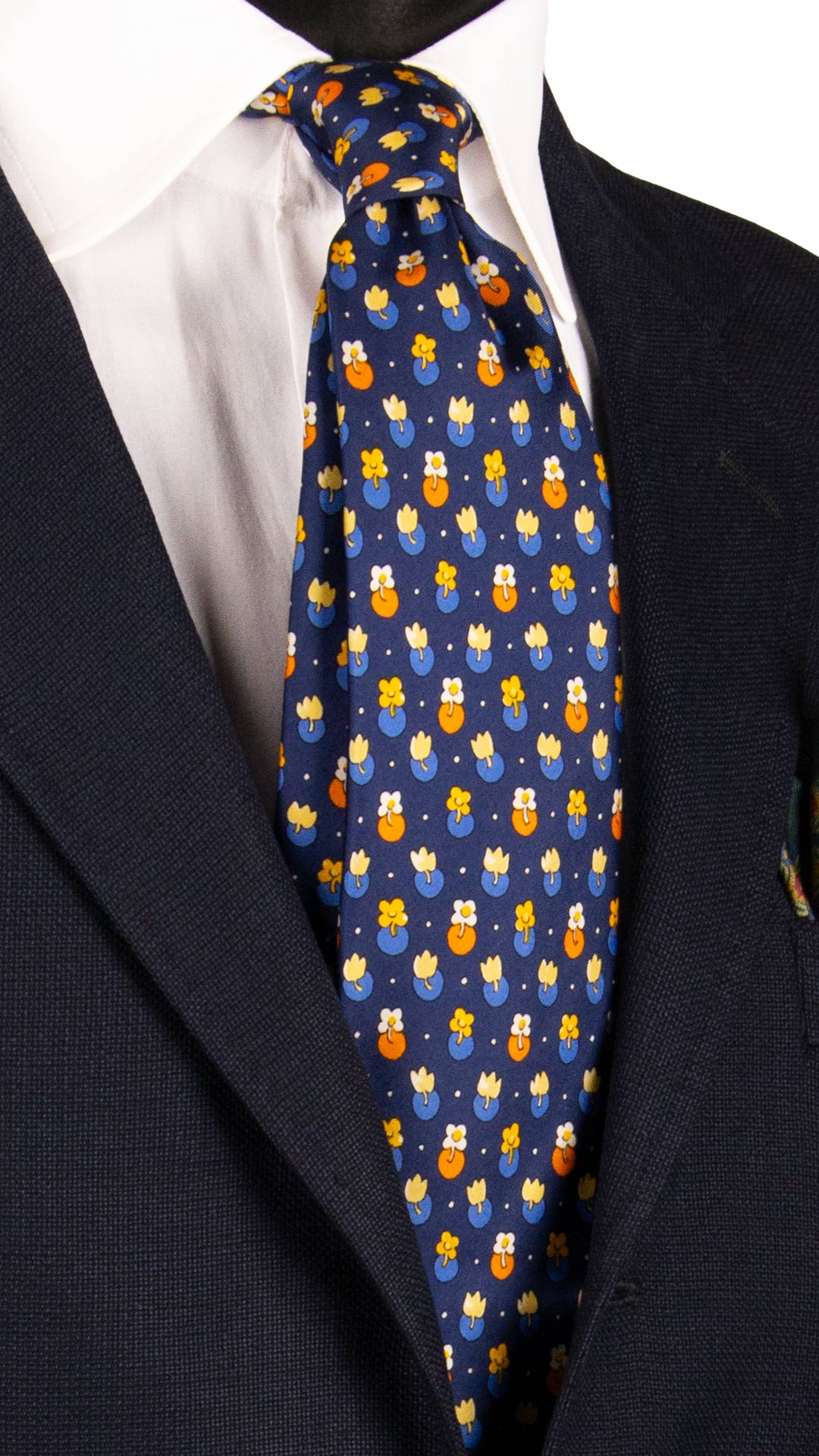 Cravatta-Stampa-di-Seta-Vintage-Blu-Navy-Fantasia-Multicolor-7140