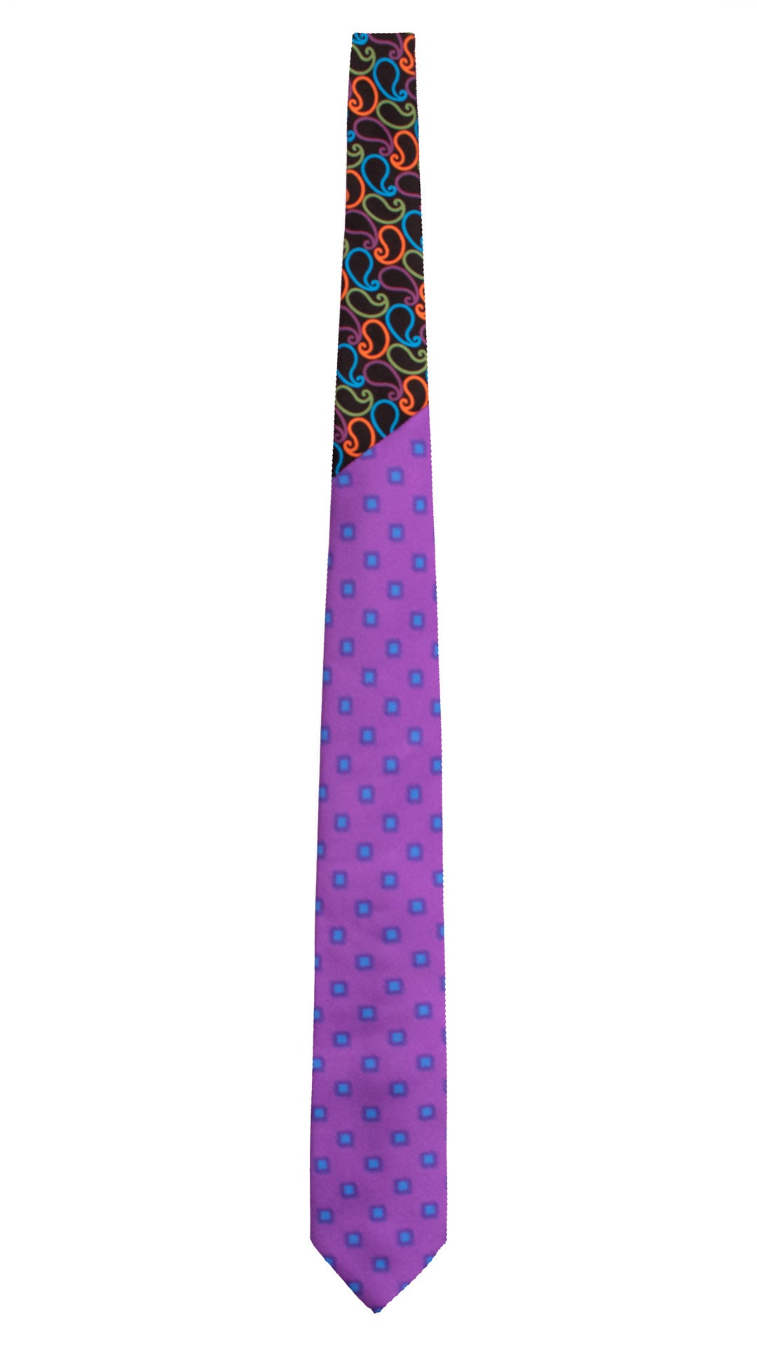 Cravatta Stampa di Seta Viola Fantasia Azzurro Nodo in Contrasto Nero Fantasia Multicolor N3458 Made in Italy Graffeo Cravatte Intera
