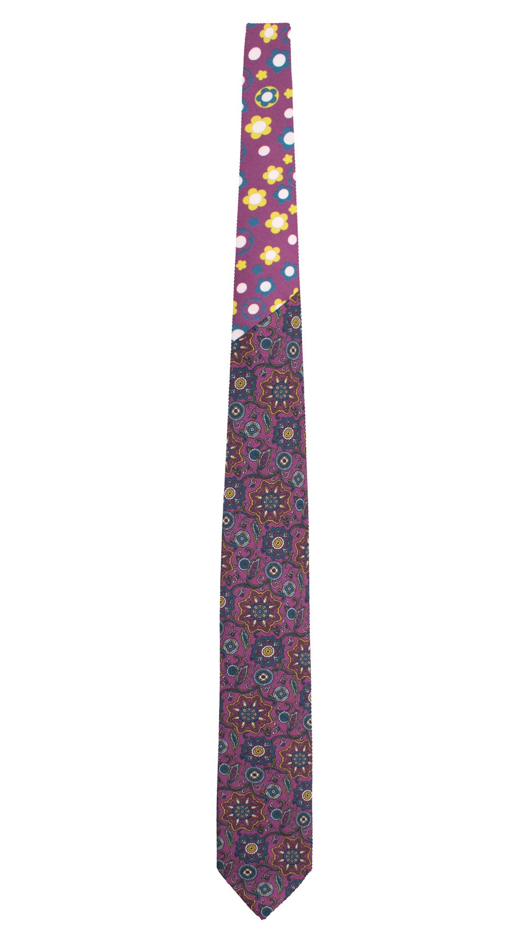 Cravatta Stampa di Seta Viola Paisley Multicolor Nodo in Contrasto Viola a Fiori Multicolor N3324 Graffeo Cravatte Made in Italy Intera