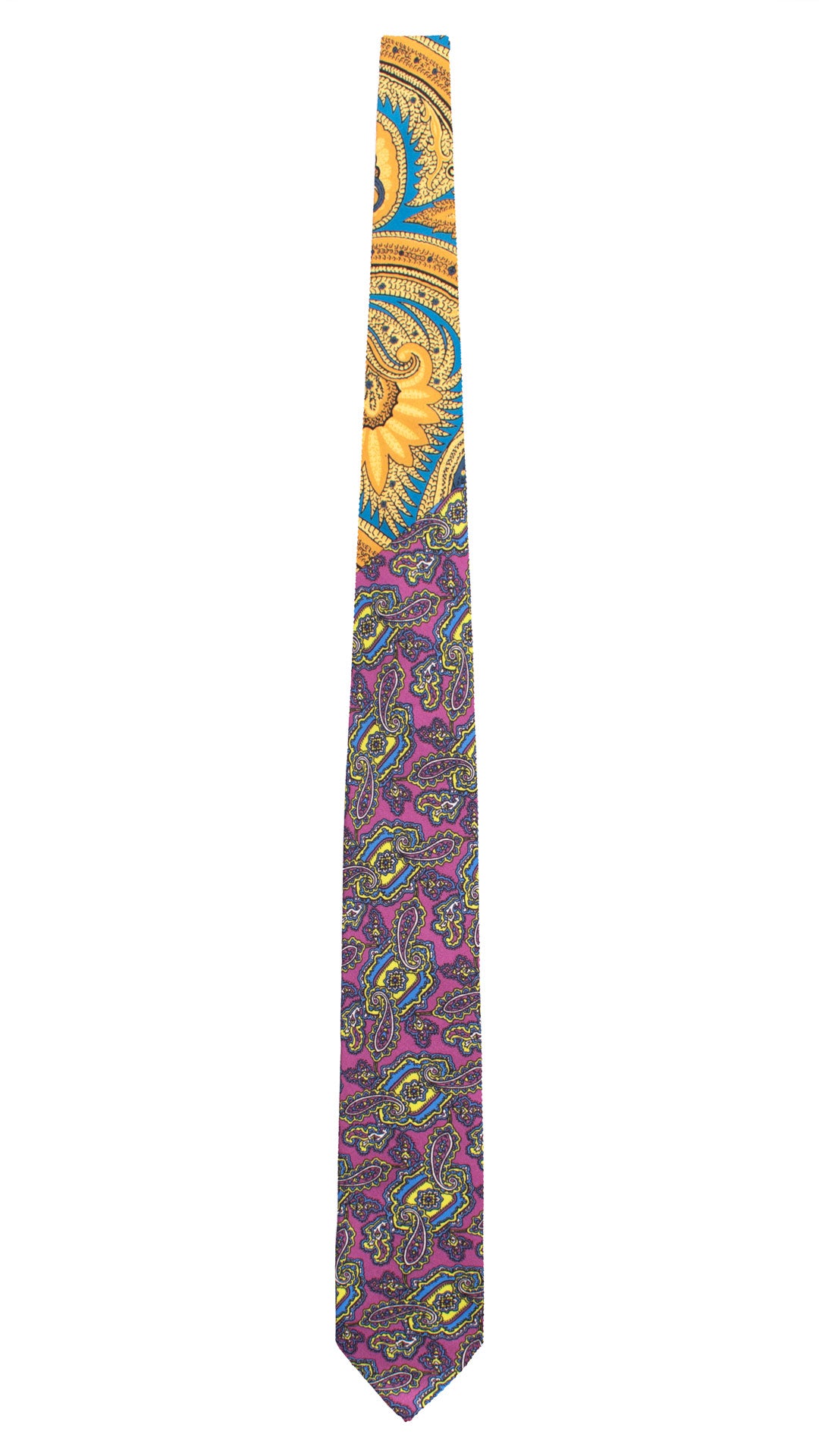 Cravatta Stampa di Seta Viola Paisley Multicolor Nodo in Contrato Fantasia Avio Giallo Senape N3291 Made in Italy Graffeo Cravatte Intera