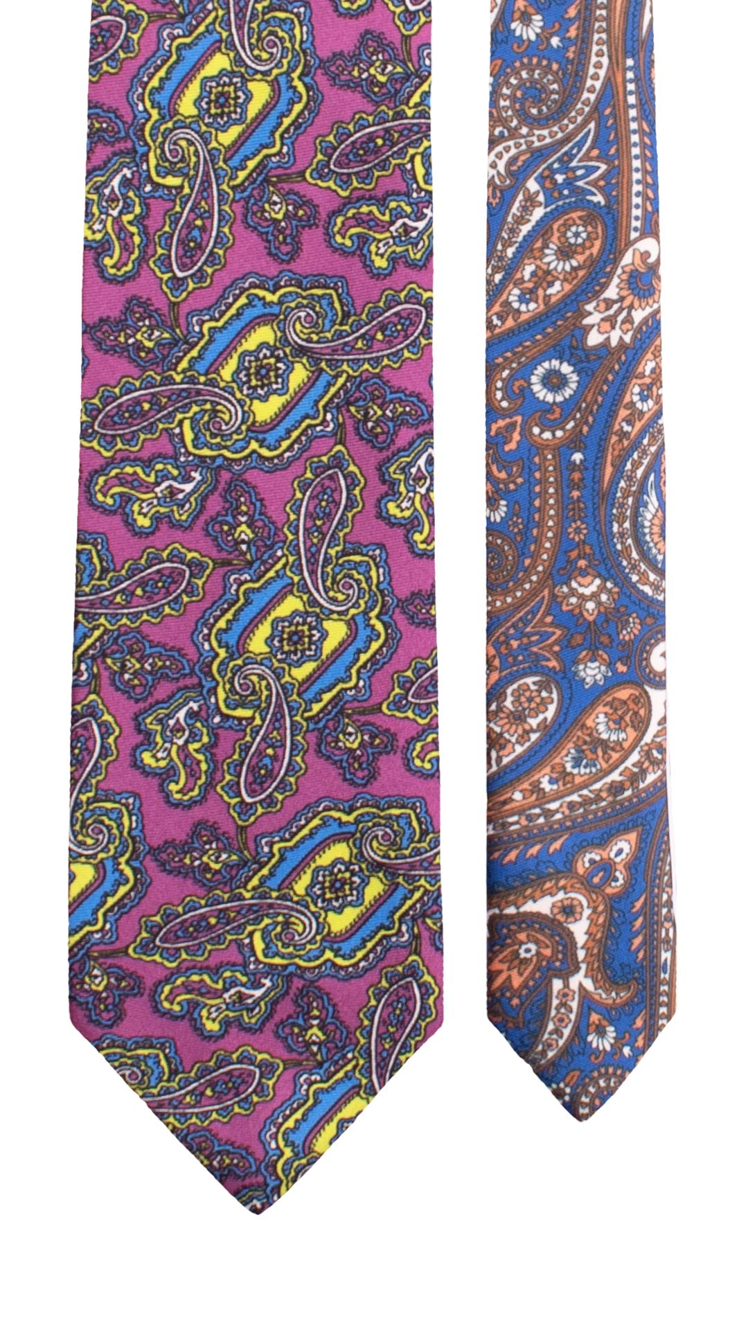Cravatta Stampa di Seta Viola Paisley Multicolor Nodo in Contrato Fantasia Avio Giallo Senape N3291 Made in Italy Graffeo Cravatte Pala
