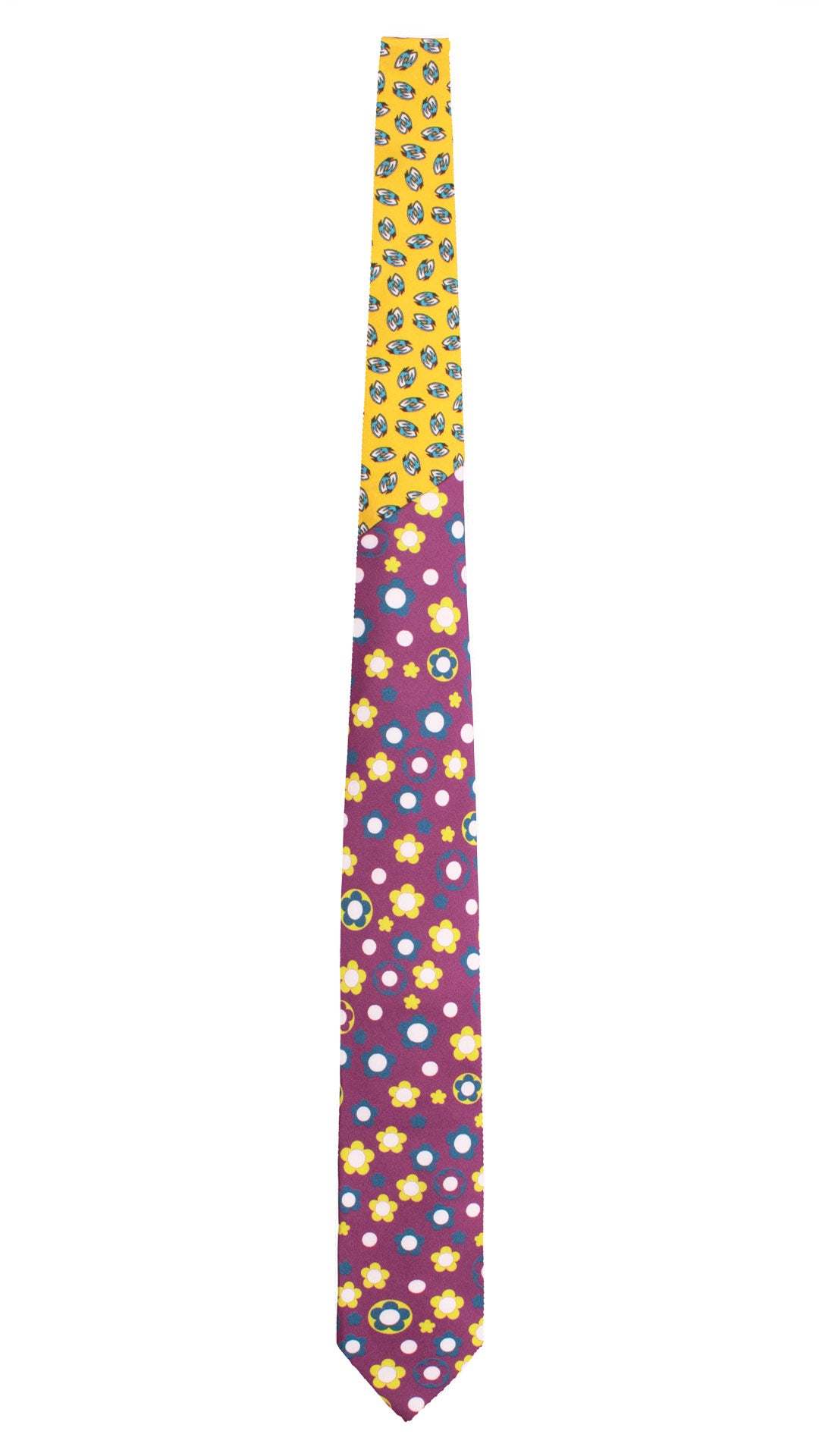 Cravatta Stampa di Seta Viola a Fiori Multicolor Nodo in Contrasto Giallo Fantasia Verde Acqua Bianco N3267 Made in Italy Graffeo Cravatte Intera