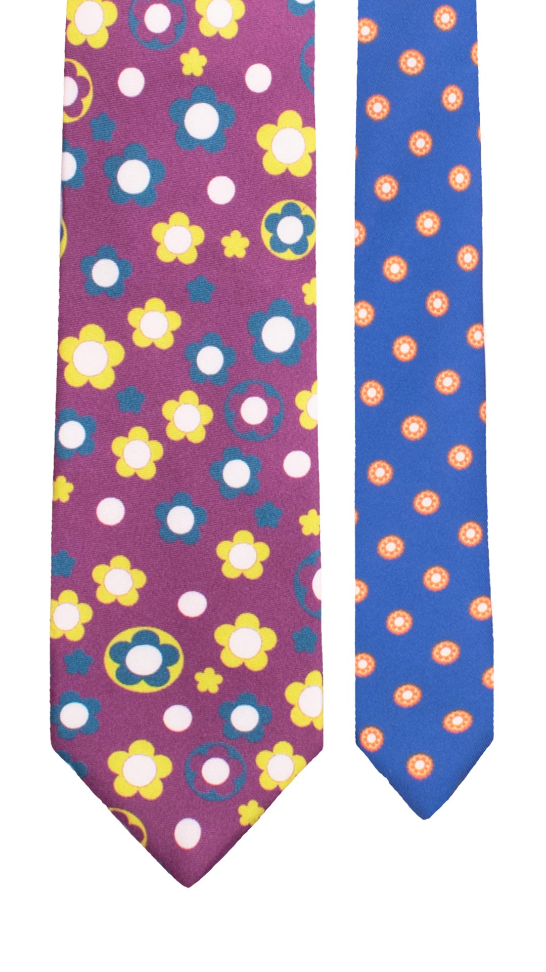 Cravatta Stampa di Seta Viola a Fiori Multicolor Nodo in Contrasto Giallo Fantasia Verde Acqua Bianco N3267 Made in Italy Graffeo Cravatte Pala