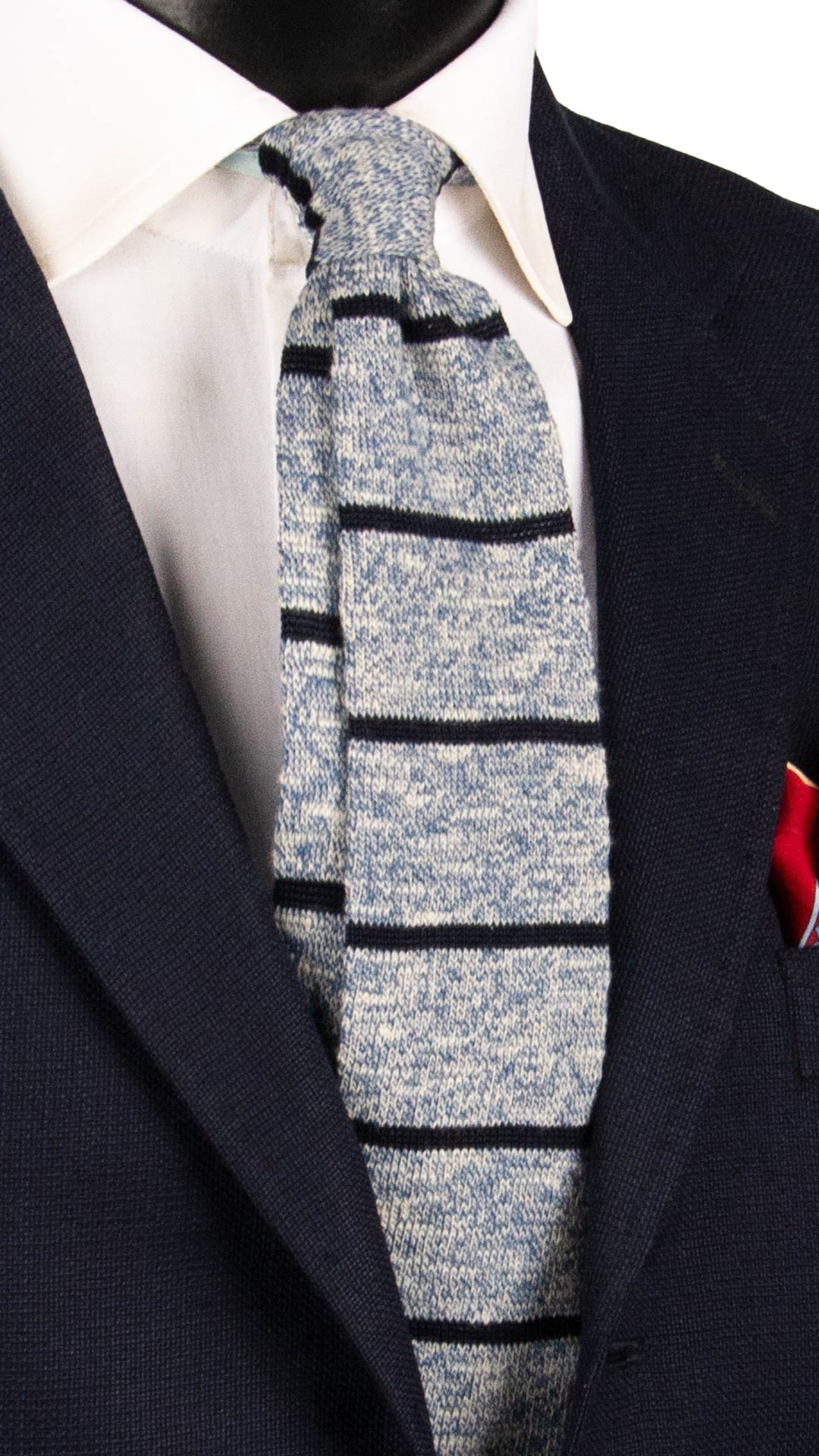 Cravatta Tricot in Maglia di Cotone Avio Bianca con Righe Blu TRI918 Graffeo Cravatte Made in Italy