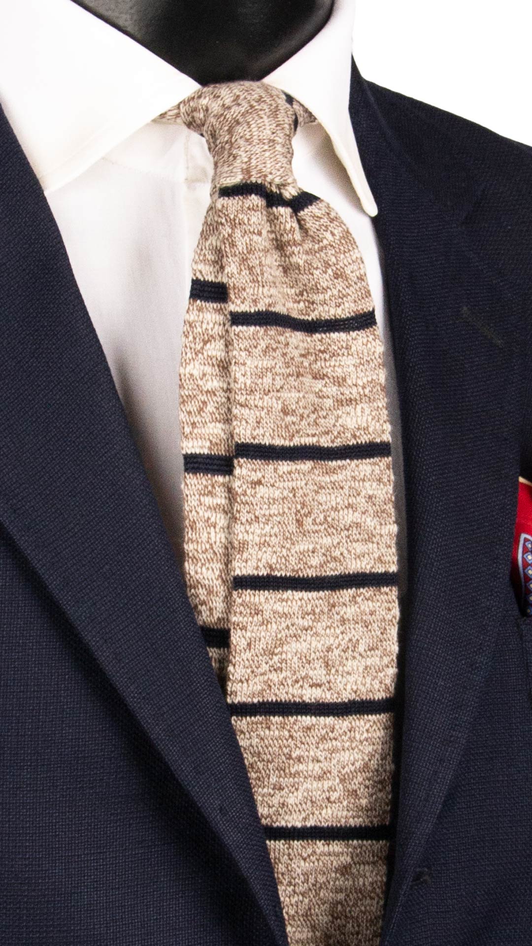 Cravatta Tricot in Maglia di Cotone Beige Marrone Con Righe Blu TRI754 Graffeo Cravatte Made in Italy