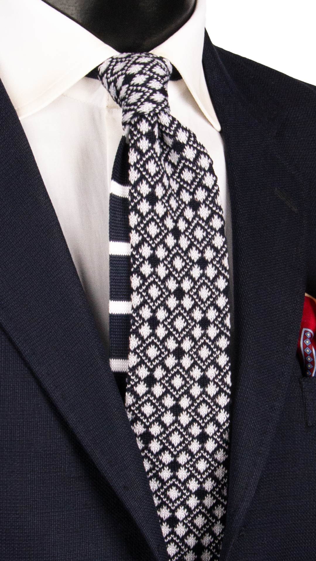 Cravatta Tricot in Maglia di Cotone Blu Fantasia Bianca Pala Piccola in Contrasto TRI762 Graffeo Cravatte Made in Italy