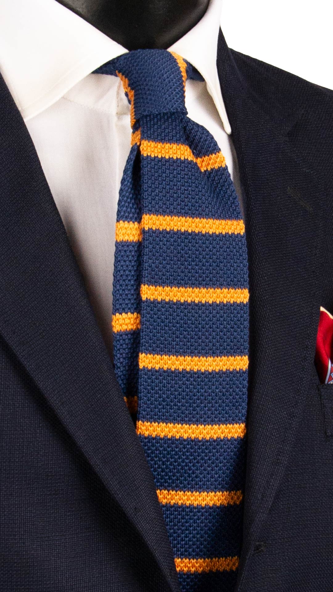 Cravatta Tricot in Maglia di Cotone Blu Navy con Righe Arancione TRI858 Graffeo Cravatte Made in Italy