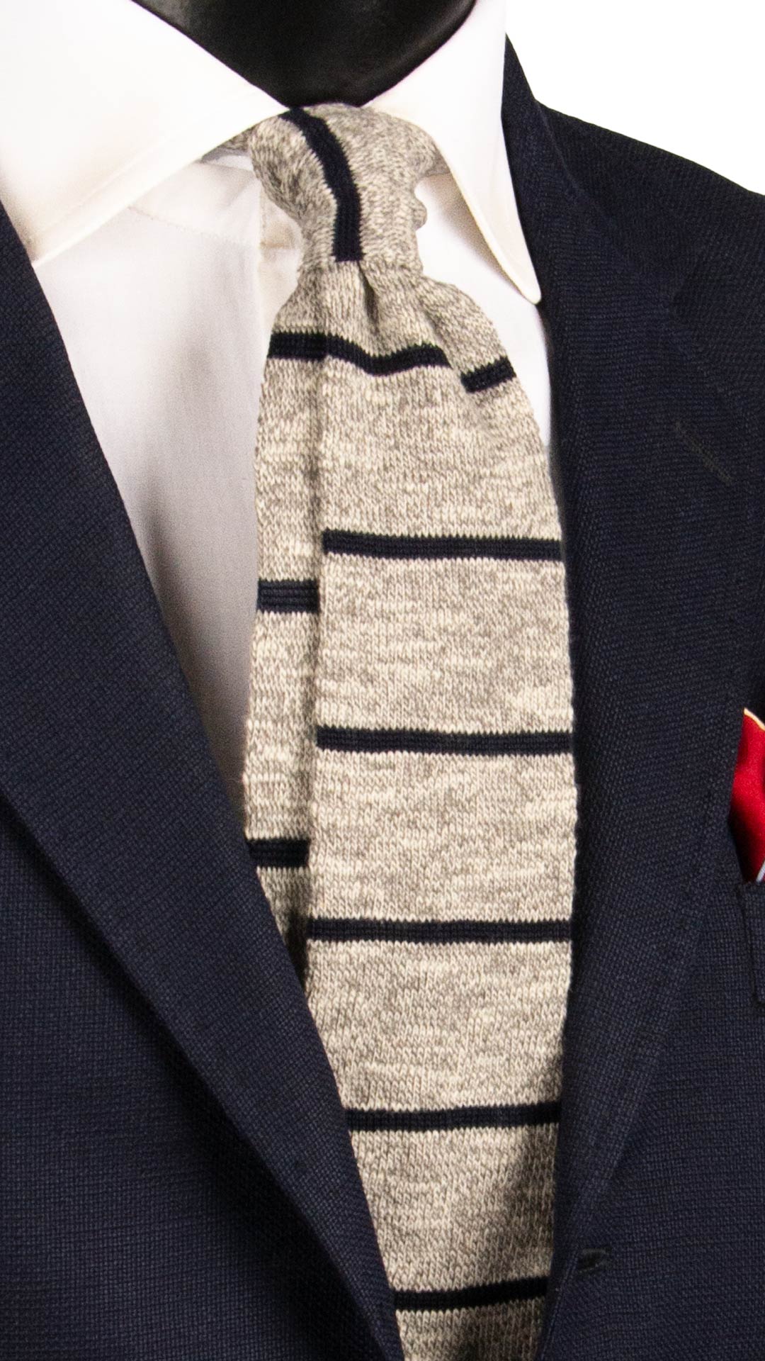 Cravatta Tricot in Maglia di Cotone Grigia Bianca con Righe Blu TRI919 Graffeo Cravatte Made in Italy