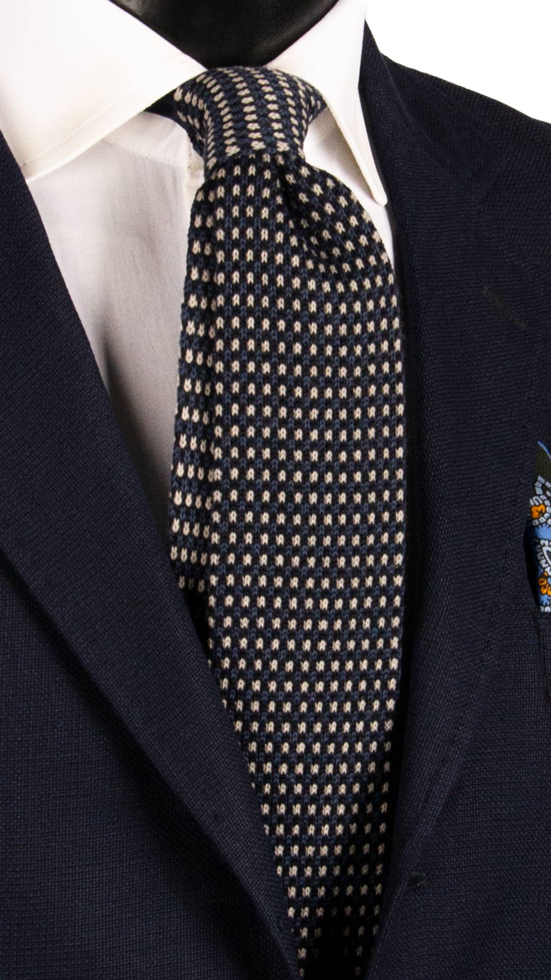 Cravatta Tricot in Maglia di Lana Blu Fantasia Blu Navy Bianca TRI495 Made in Italy Graffeo Cravatte