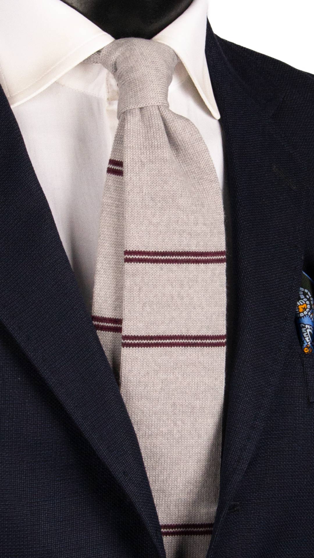Cravatta Tricot in Maglia di Lana Grigia Chiara con Righe Bordeaux TRI543 Made in Italy Graffeo Cravatte