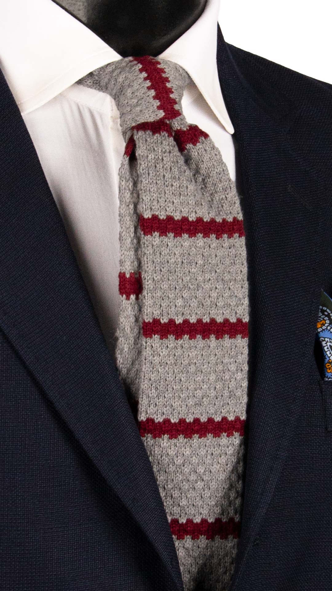 Cravatta Tricot in Maglia di Lana Grigia Righe Bordeaux TRI454 Made in Italy Graffeo Cravatte