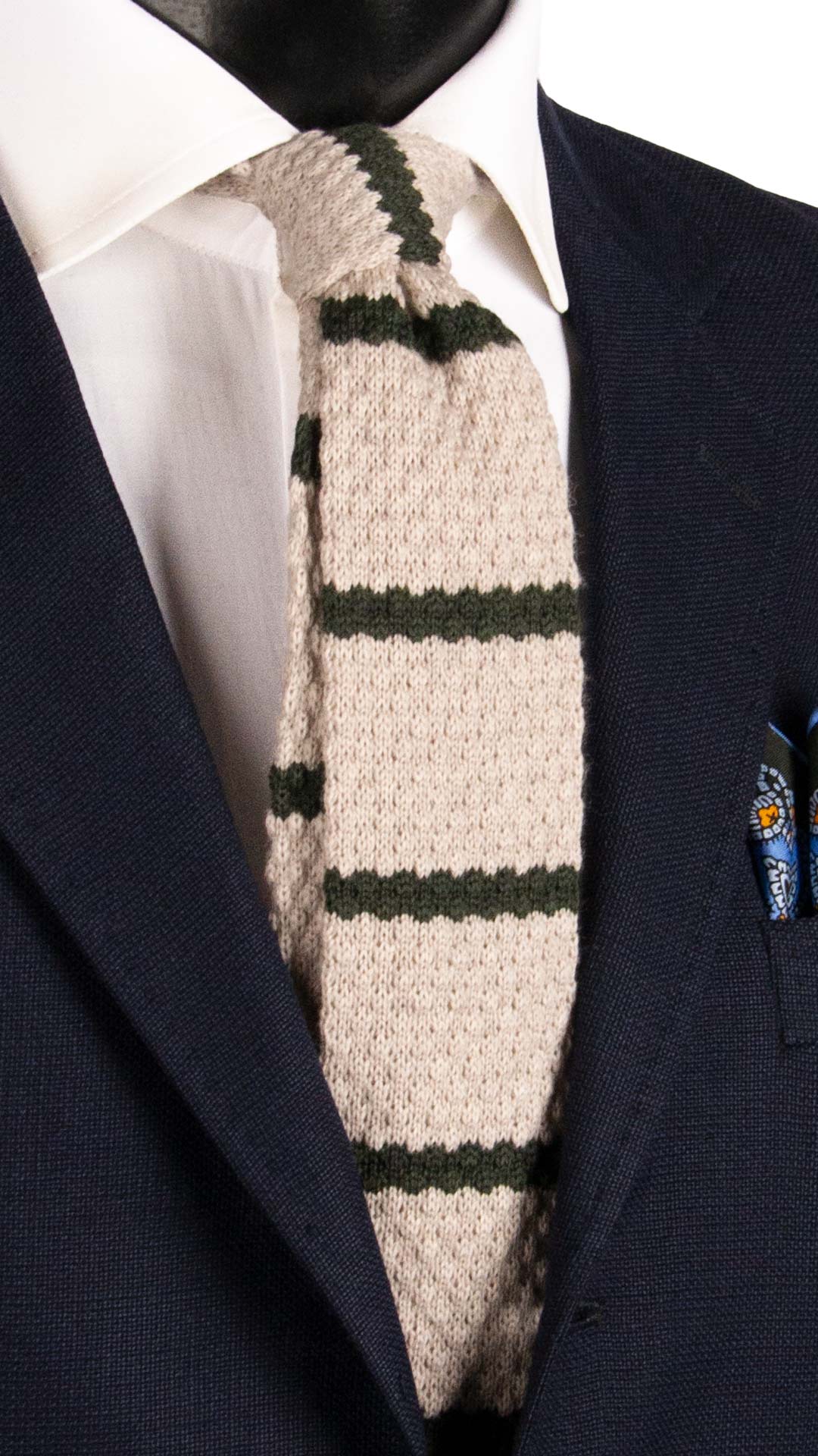 Cravatta Tricot in Maglia di Lana Grigio Chiaro Righe Verdi TRI465 Made in Italy Graffeo Cravatte