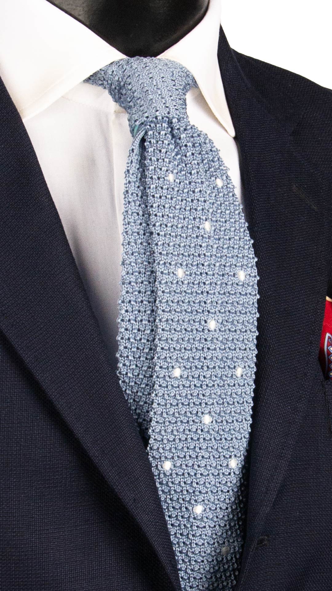 Cravatta Tricot in Maglia di Seta Azzurra a Pois Bianchi TRI785 Graffeo Cravatte Made in Italy
