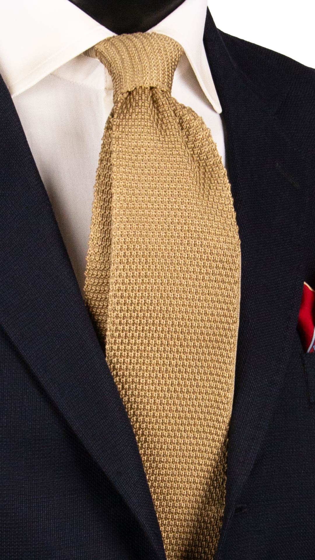 Cravatta Tricot in Maglia di Seta Beige Tinta Unita Interno a Pois Bianchi TRI951 Graffeo Cravatte Made in Italy