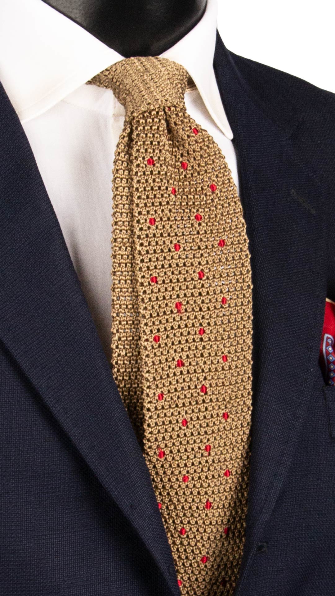 Cravatta Tricot in Maglia di Seta Beige a Pois Rossi TRI755 Graffeo Cravatte Made in Italy