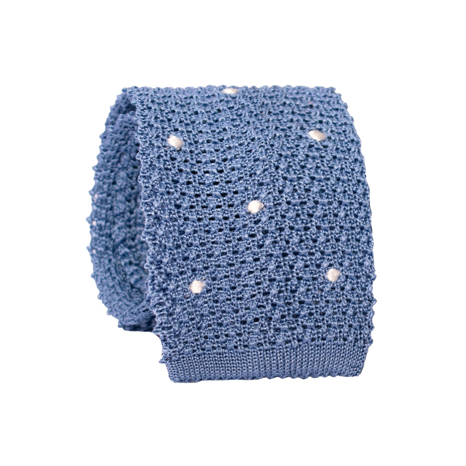 Cravatta Tricot in Maglia di Seta Blu Cobalto a Pois Bianchi TRI713 Graffeo Cravatte Made in Italy Rotolo