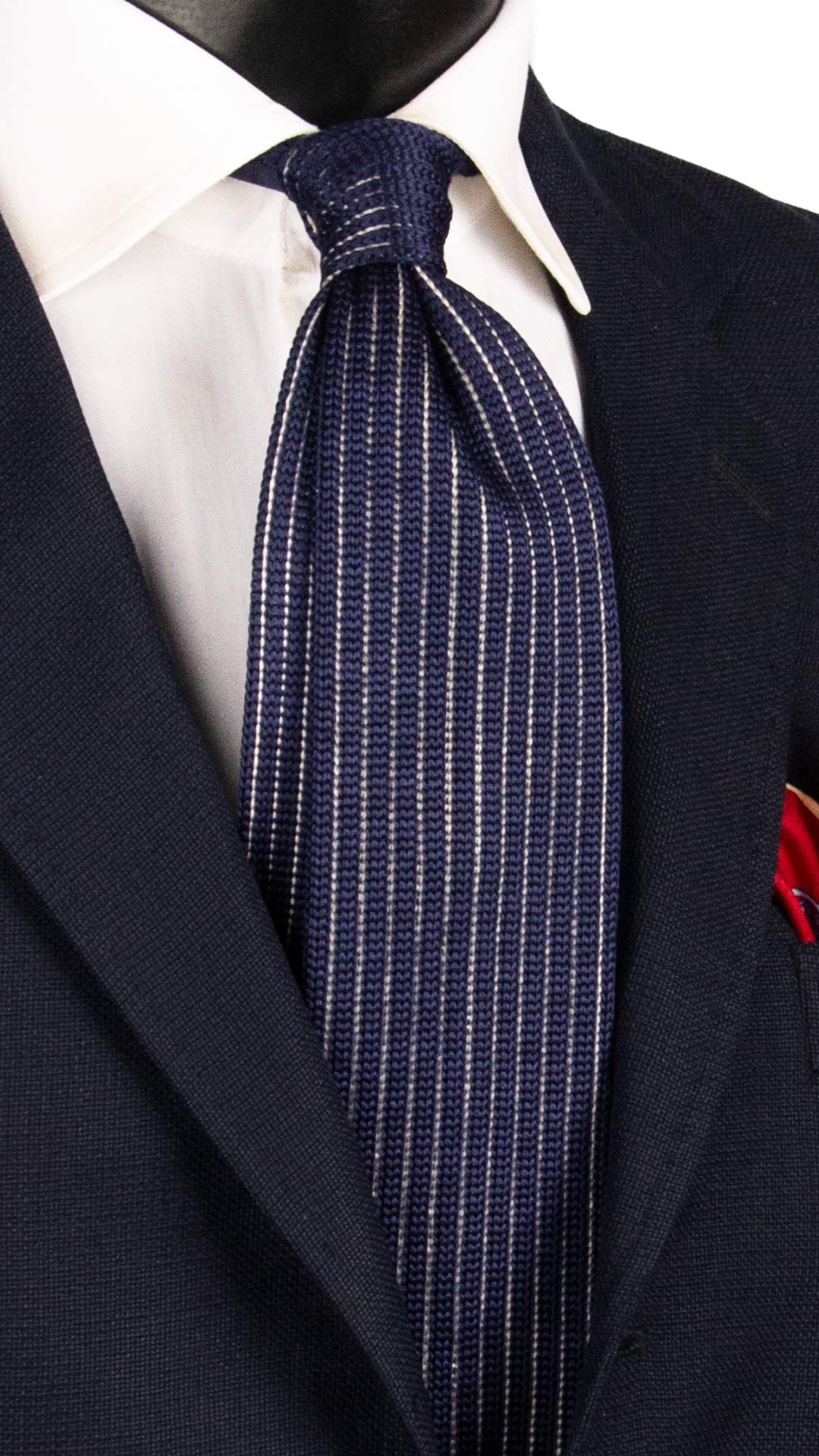 Cravatta Tricot in Maglia di Seta Blu Cobalto con Riga Verticale Bianca TRI677 Graffeo Cravatte Made in Italy