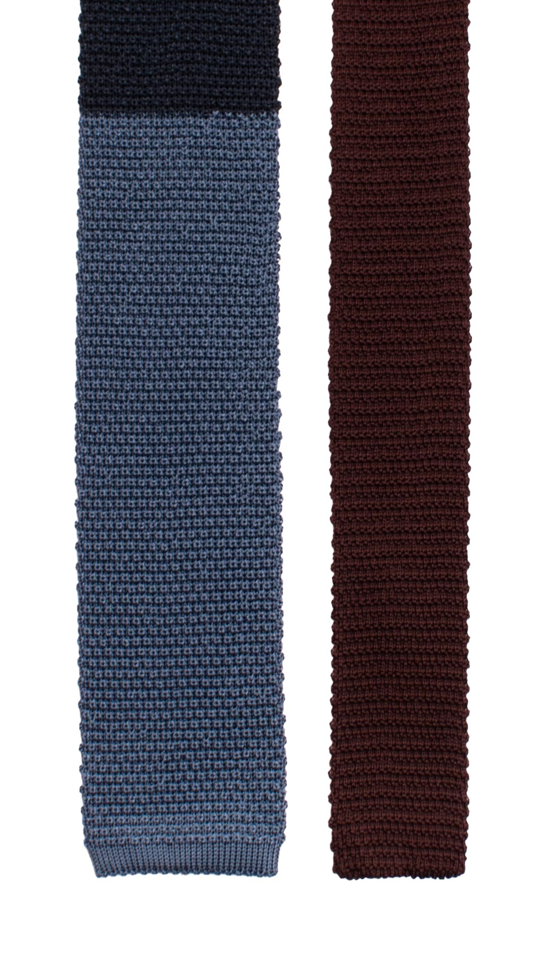 Cravatta Tricot in Maglia di Seta Blu Indaco Pala Piccola in Contrasto Marrone TRI698 Graffeo Cravatte Made in Italy Pala