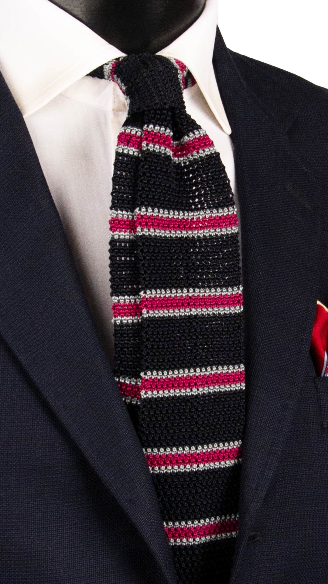 Cravatta Tricot in Maglia di Seta Blu con Righe Fucsia Grigio TRI856 Graffeo Cravatte Made in Italy