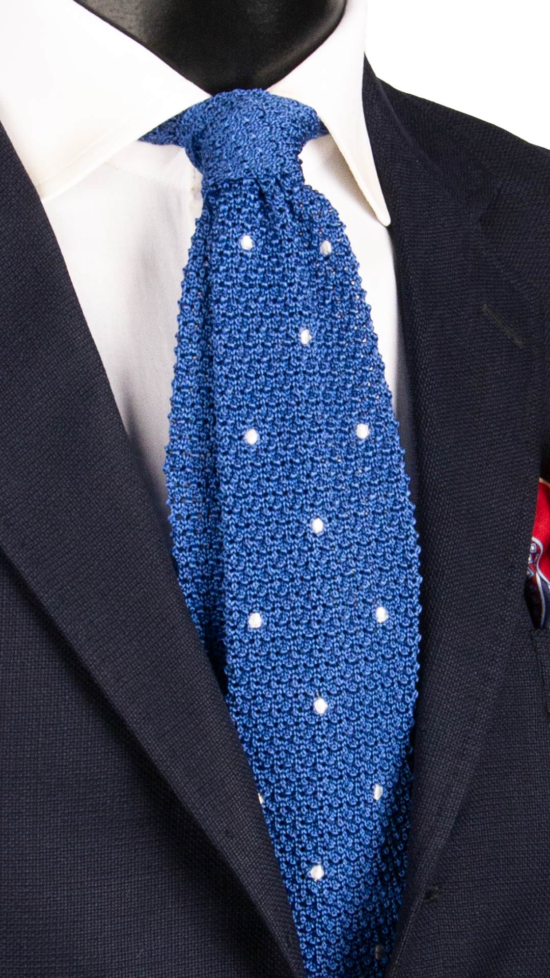 Cravatta Tricot in Maglia di Seta Bluette a Pois Bianchi TRI711 Graffeo Cravatte Made in Italy
