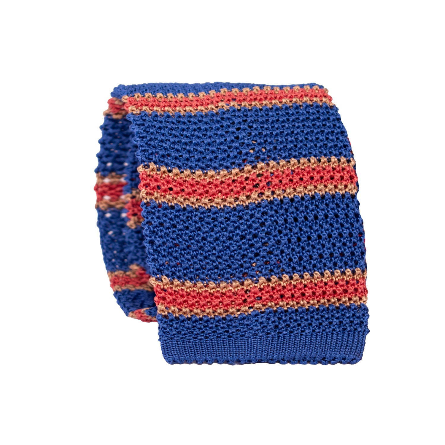 Cravatta Tricot in Maglia di Seta Bluette con Righe Arancione Beige TRI857 Graffeo Cravatte Made in Italy Rotolo