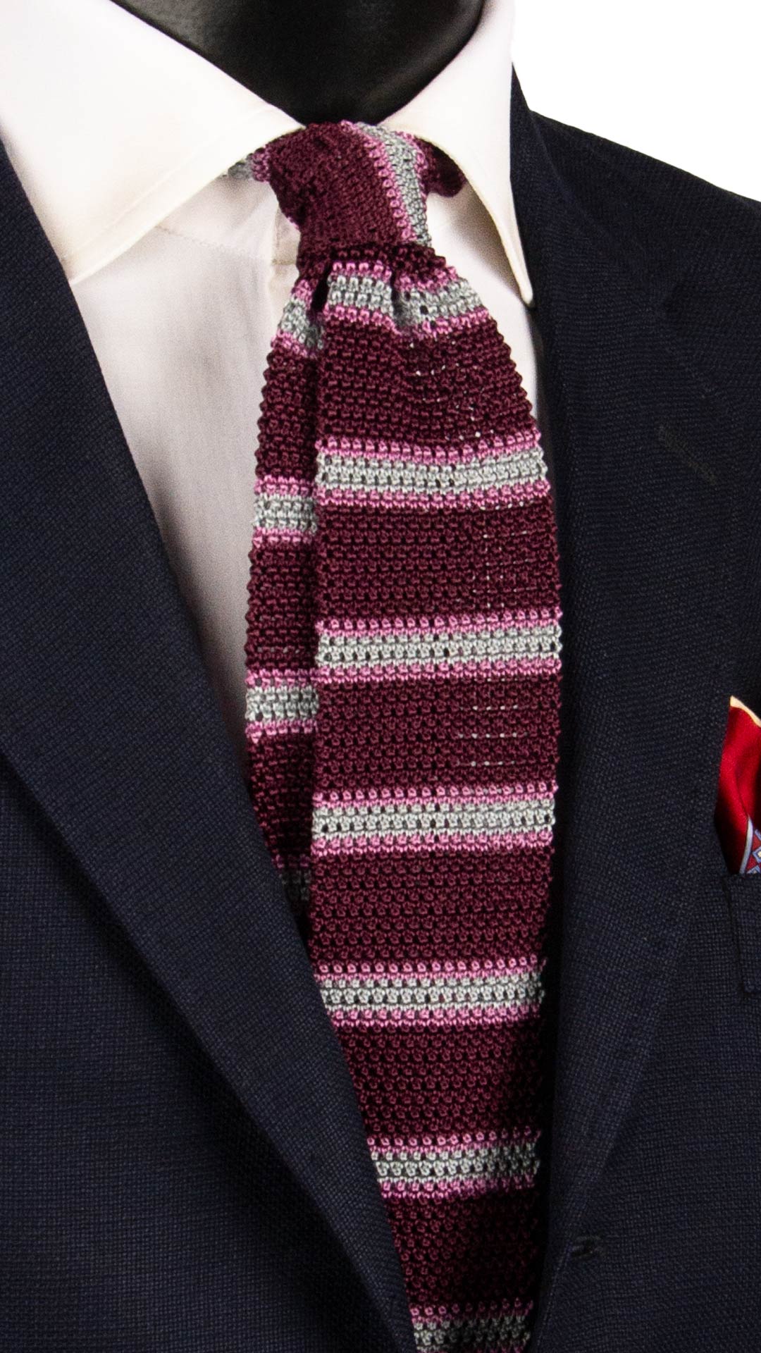 Cravatta Tricot in Maglia di Seta Borgogna con Righe Grigie Rosa TRI859 Graffeo Cravatte Made in Italy