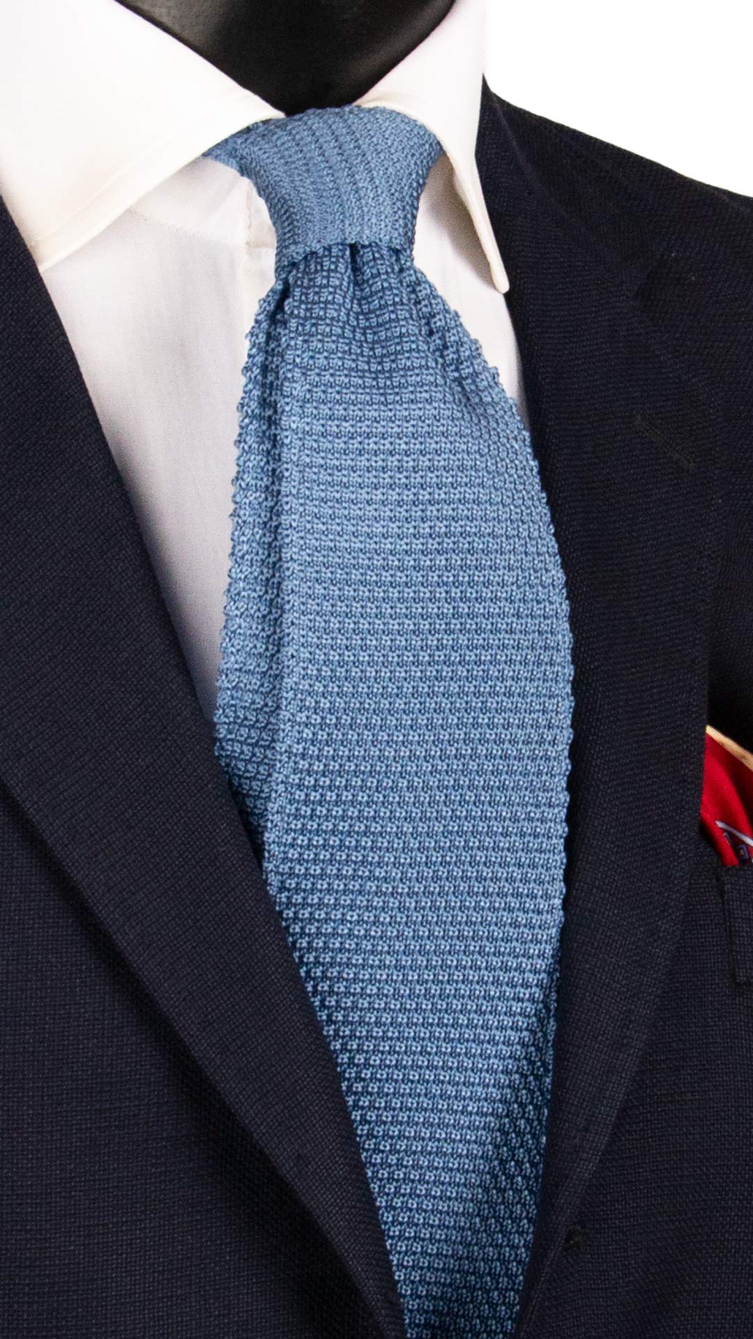Cravatta Tricot in Maglia di Seta Celeste Tinta Unita Interno a Pois Bianchi TRI669 Graffeo Cravatte Made in Italy