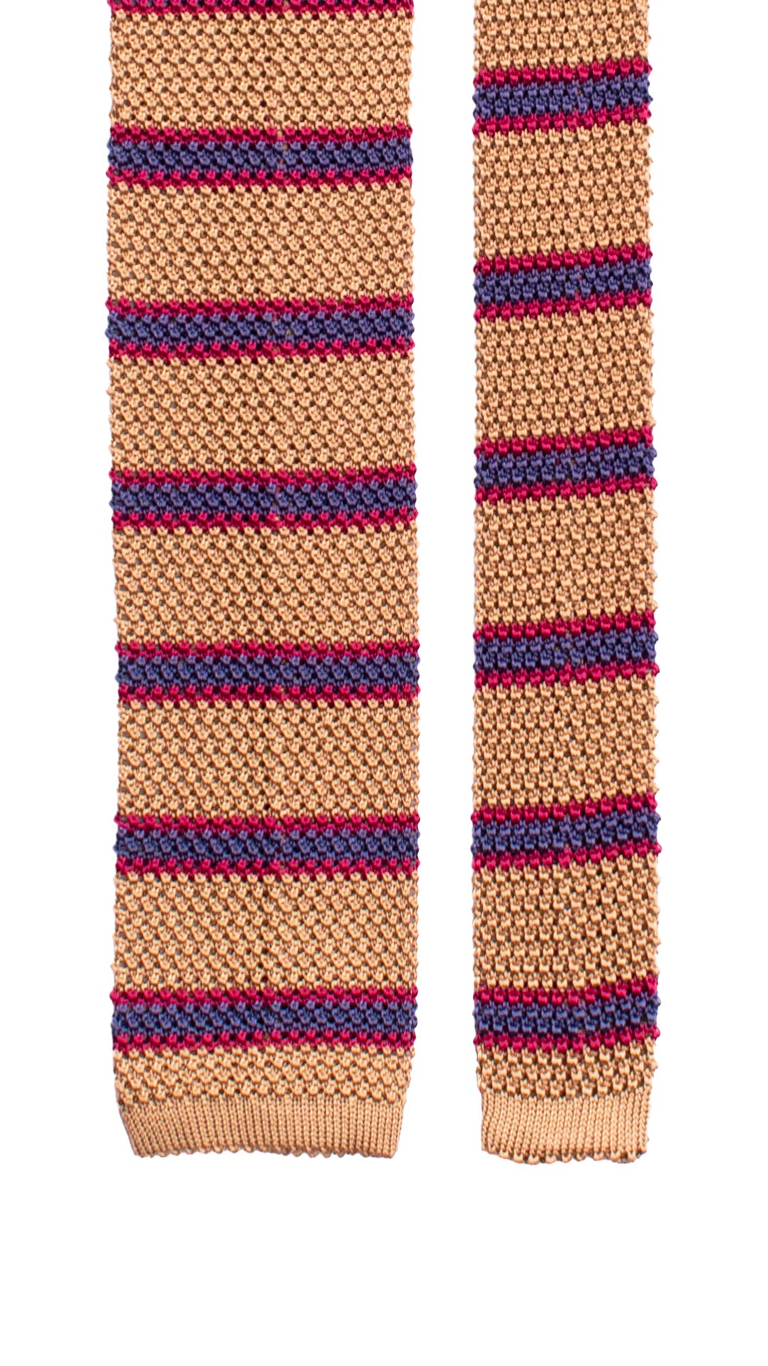 Cravatta Tricot in Maglia di Seta Color Cammello con Righe Fucsia Viola TRI862 Graffeo Cravatte Made in Italy Pala