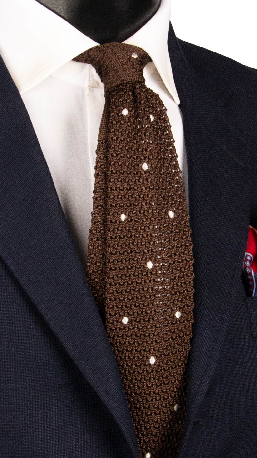 Cravatta Tricot in Maglia di Seta Marrone a Pois Bianchi TRI714 Graffeo Cravatte Made in Italy