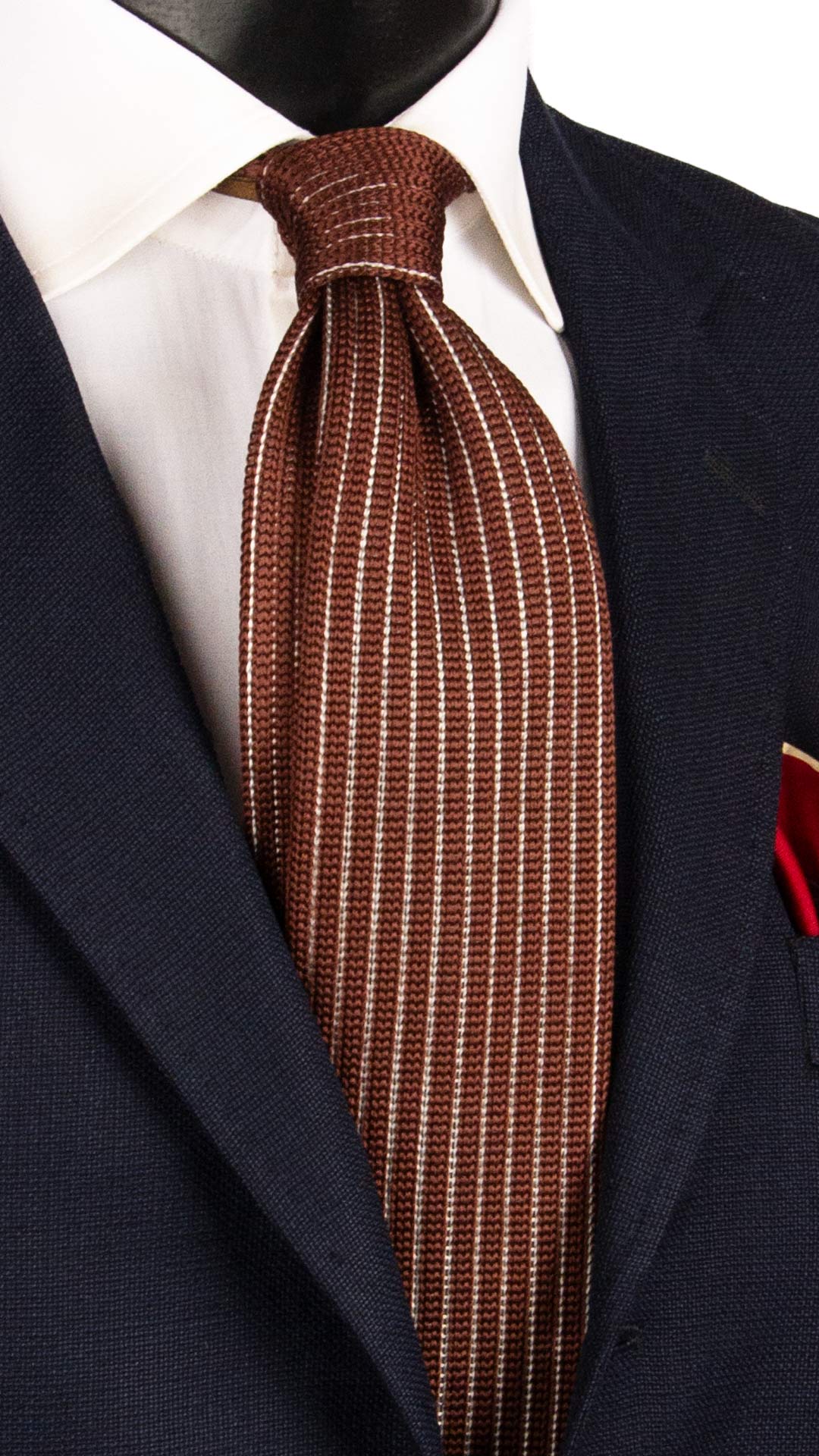 Cravatta Tricot in Maglia di Seta Marrone con Riga Verticale Bianca TRI670 Graffeo Cravatte Made in Italy