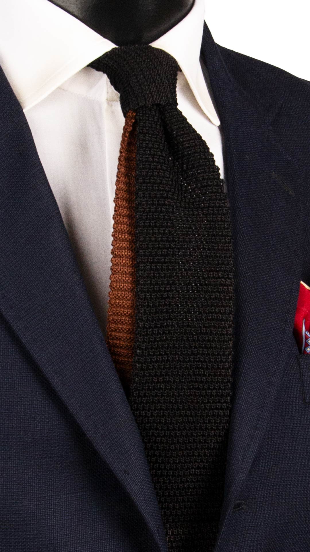 Cravatta Tricot in Maglia di Seta Nera Grigia Pala Piccola in Contrasto Marrone TRI843 Graffeo Cravatte Made in Italy