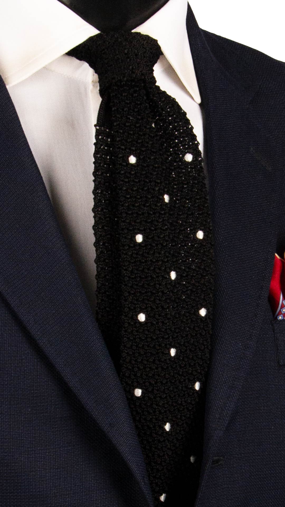 Cravatta Tricot in Maglia di Seta Nera a Pois Bianchi TRI968 Graffeo Cravatte Made in Italy