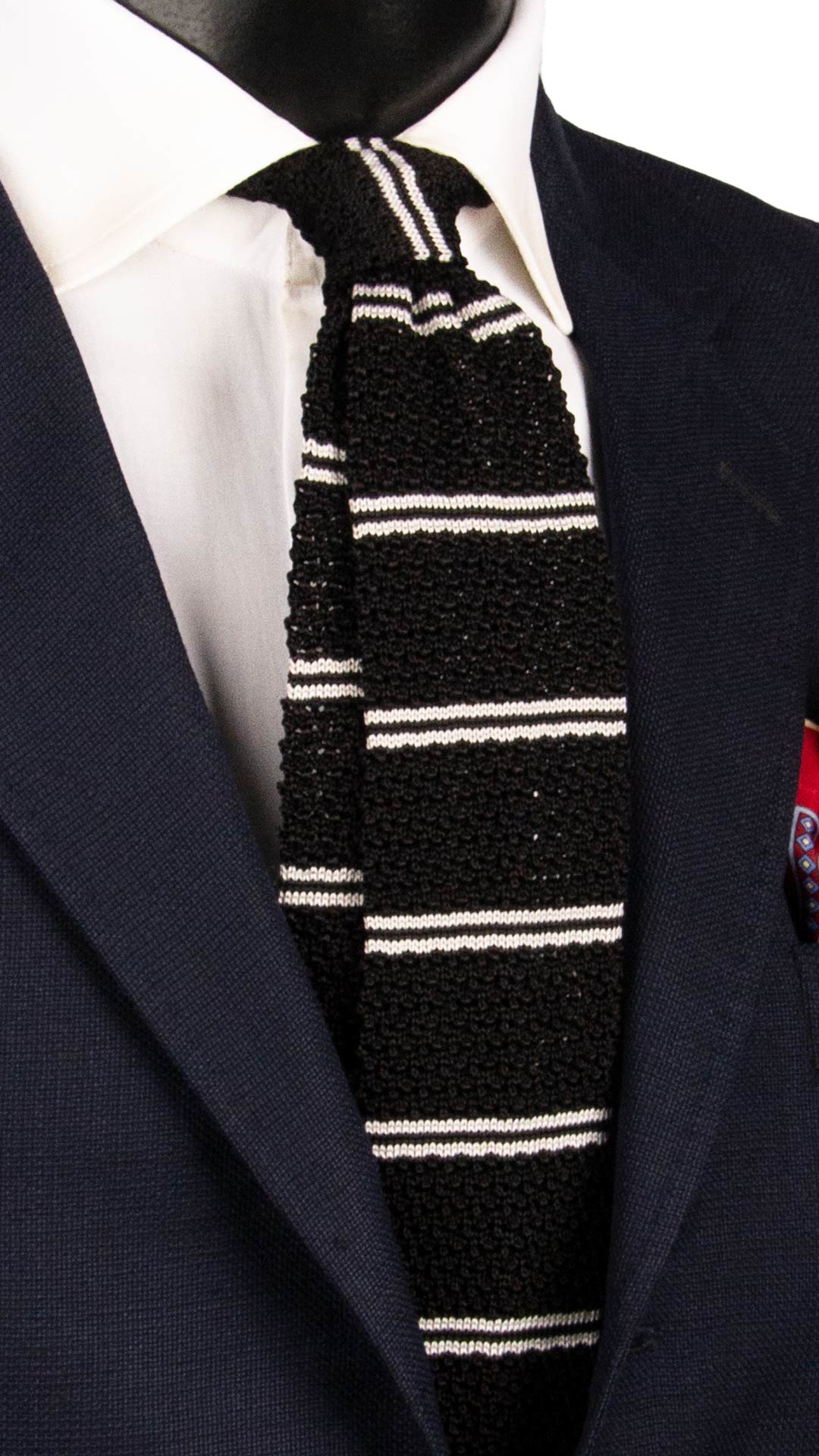 Cravatta Tricot in Maglia di Seta Nera con Righe Bianche TRI734 Graffeo Cravatte Made in Italy