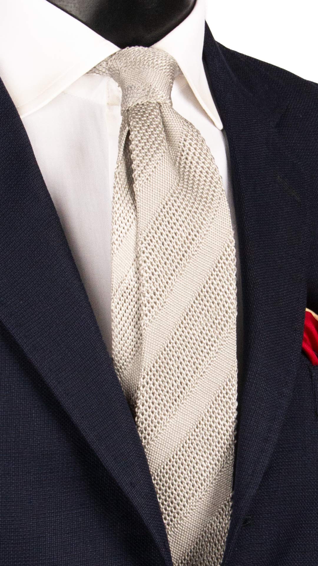 Cravatta Tricot in Maglia di Seta Regimental Grigio Argento TRI682 Graffeo Cravatte Made in Italy