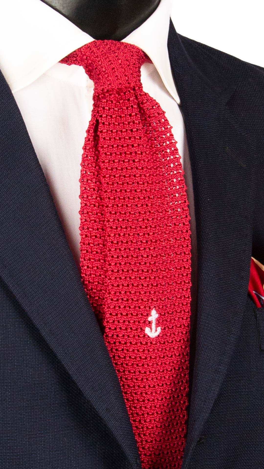 Cravatta Tricot in Maglia di Seta Rosso Corallo Disegno Sottonodo Ancora Bianca TRI650 Graffeo Cravatte Made in Italy