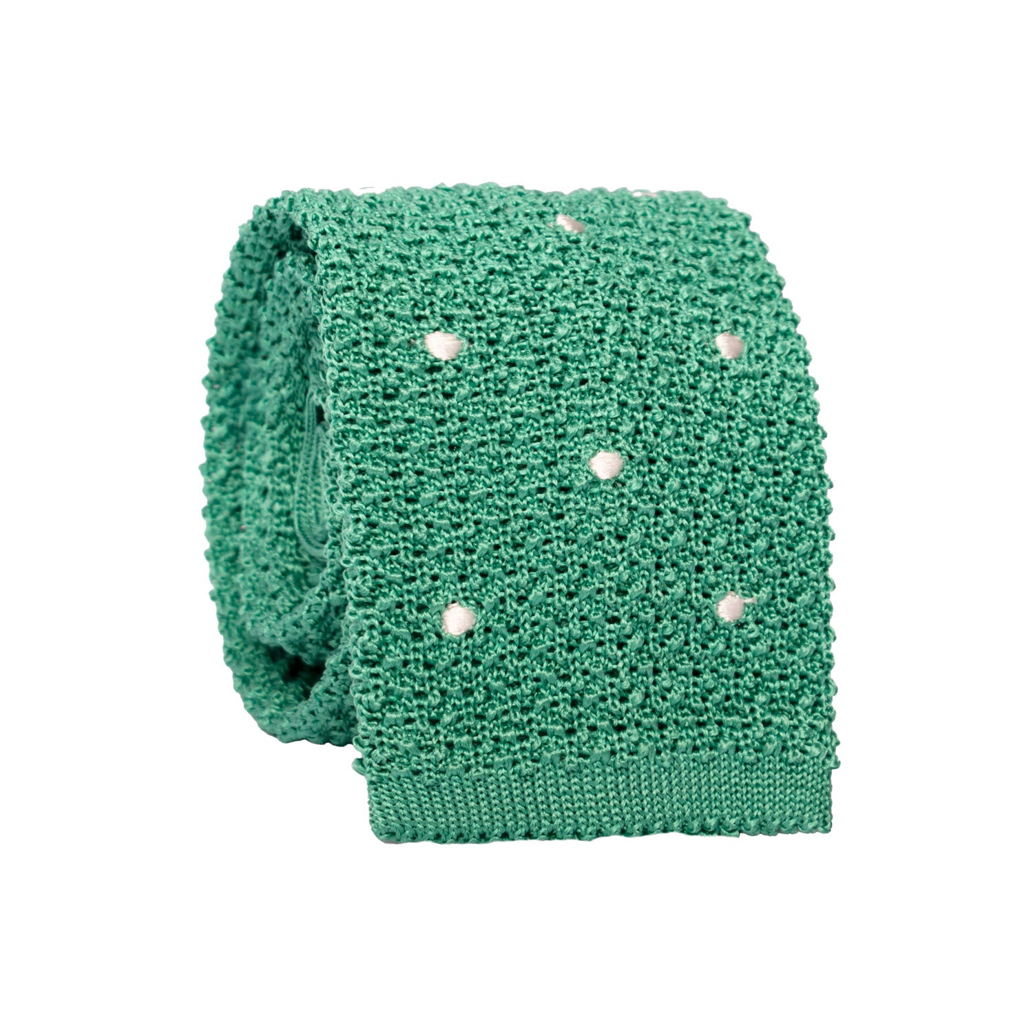 Cravatta Tricot in Maglia di Seta Verde Prato a Pois Bianchi TRI715 Graffeo Cravatte Made in Italy Rotolo