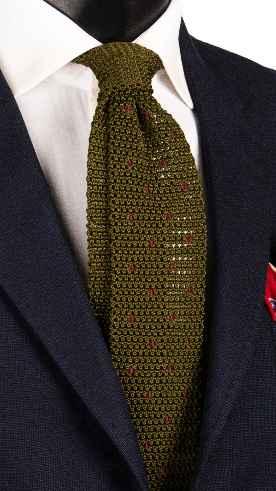 Cravatta Tricot in Maglia di Seta Verde Scuro a Pois Borgogna TRI627 Graffeo Cravatte Made in Italy