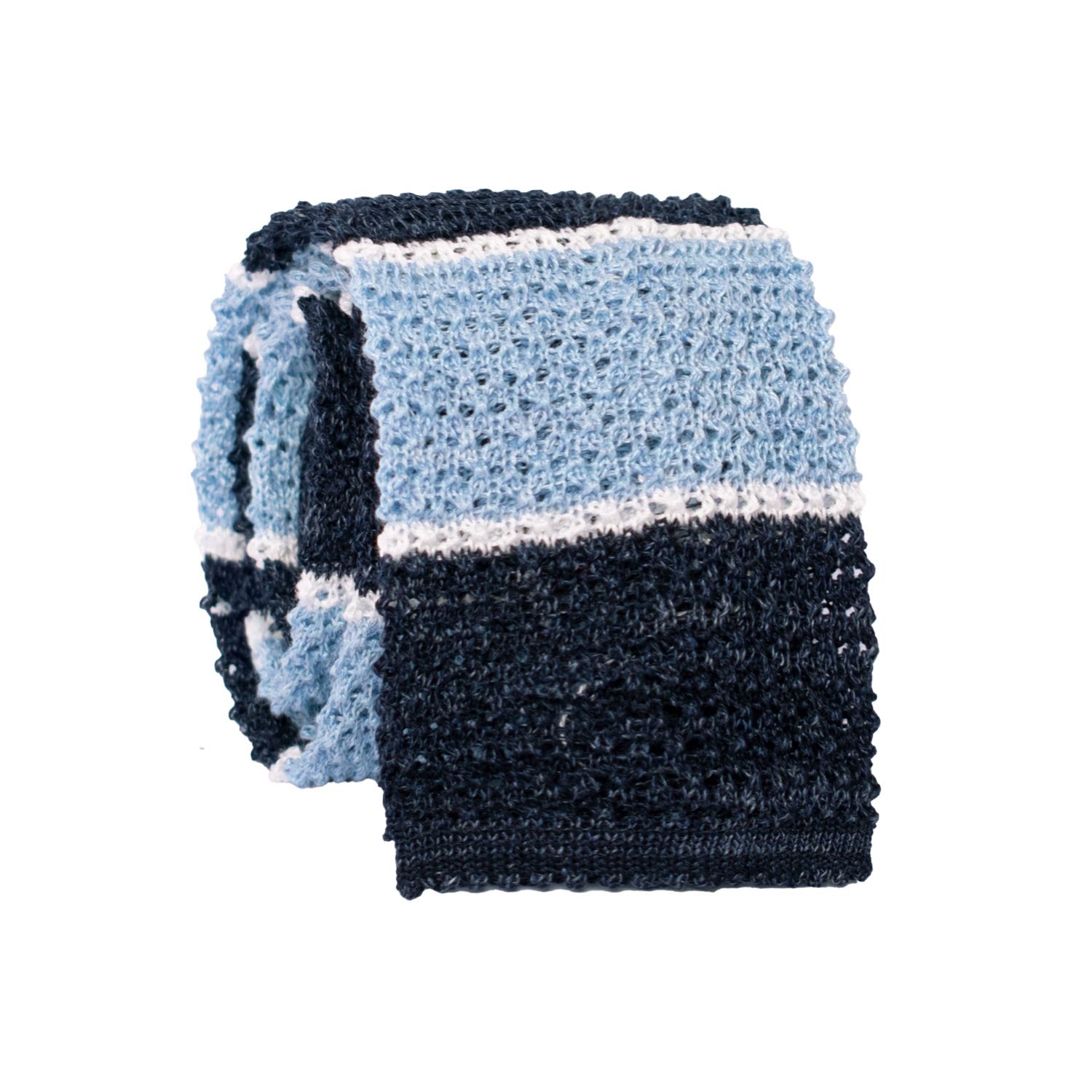 Cravatta Tricot in Maglia in Cotone Lino con Righe Blu Celesti Bianche TRI920 Graffeo Cravatte Made in Italy Rotolo