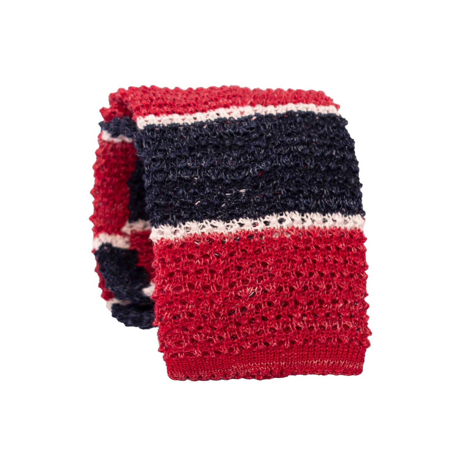 Cravatta Tricot in Maglia in Cotone Lino con Righe Rosse Blu Bianche TRI710 Graffeo Cravatte Made in Italy Rotolo