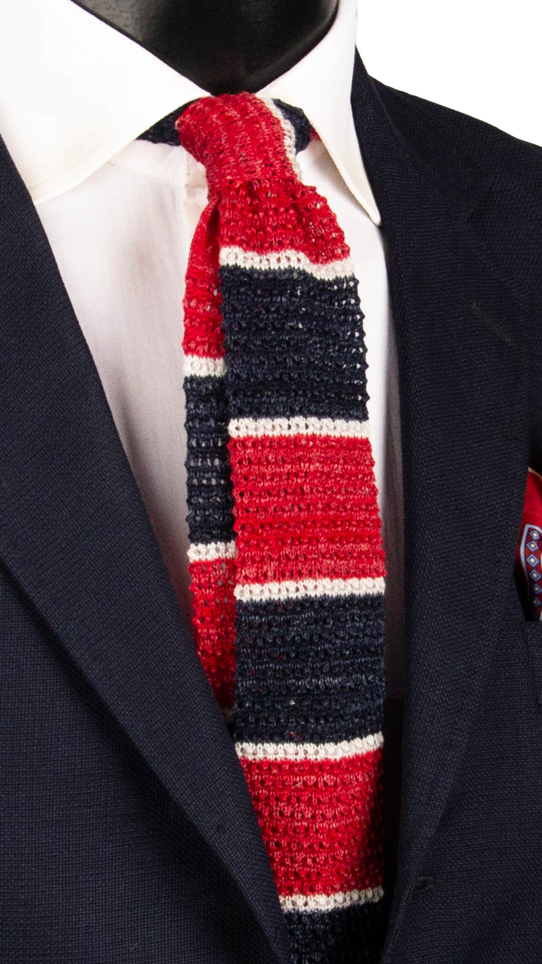 Cravatta Tricot in Maglia in Cotone Lino con Righe Rosse Blu Bianche TRI710 Graffeo Cravatte Made in Italy