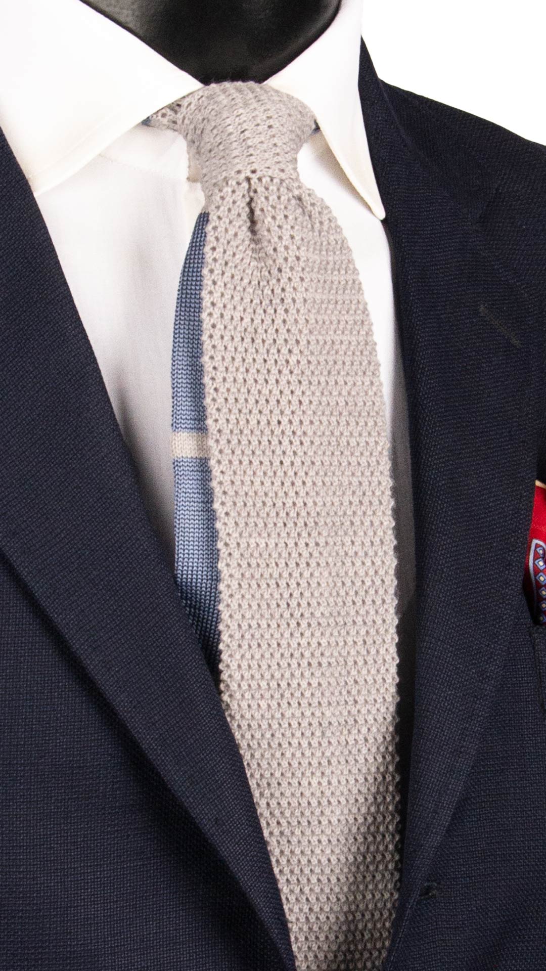 Cravatta Tricot in Maglia in Lana Seta Grigia Chiara Pala Piccola in Contrasto Avio TRI752 Graffeo Cravatte Made in Italy