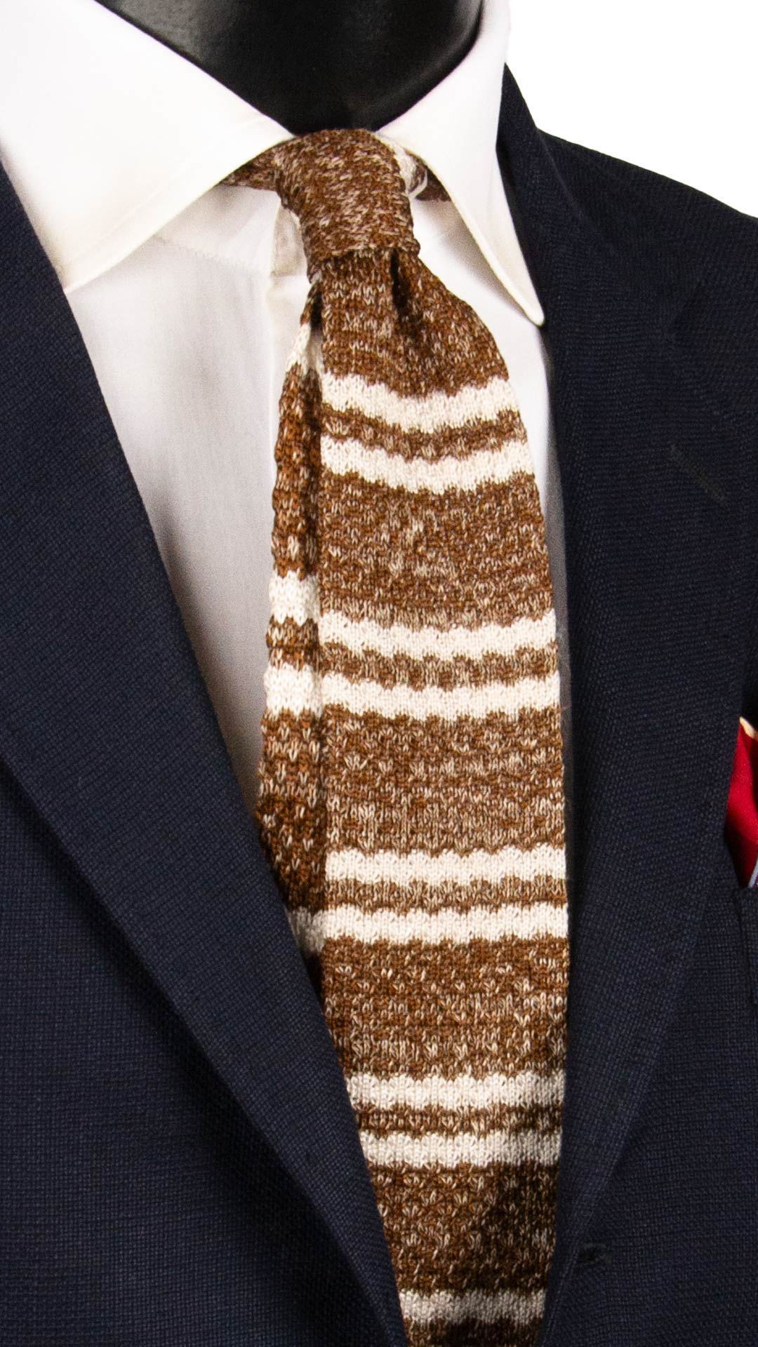 Cravatta Tricot in Maglia in Seta Lino Marrone con Righe Bianche TRI868 Graffeo Cravatte Made in Italy