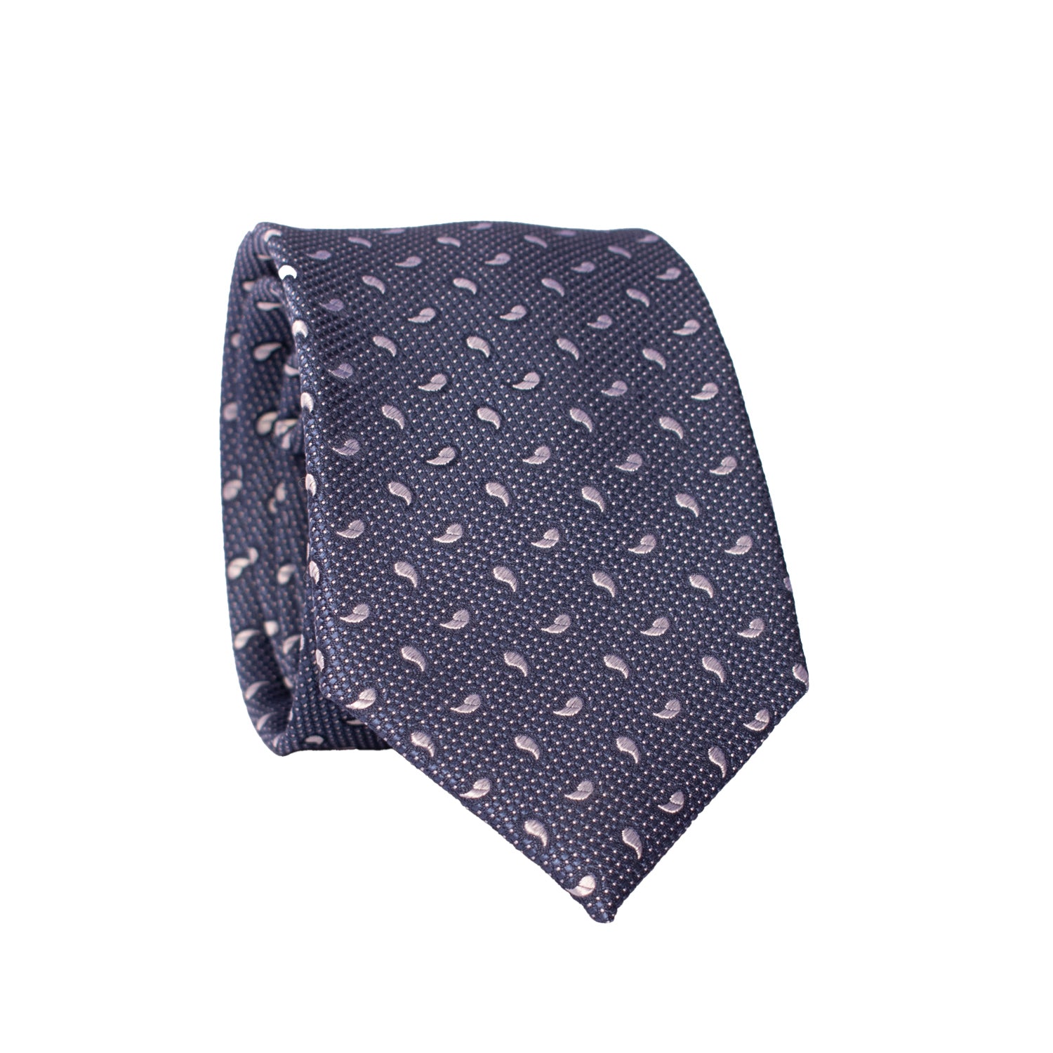 Cravatta da Cerimonia di Seta Blu Navy Paisley Punto a Spillo Bianco CY4697 Arrotolata