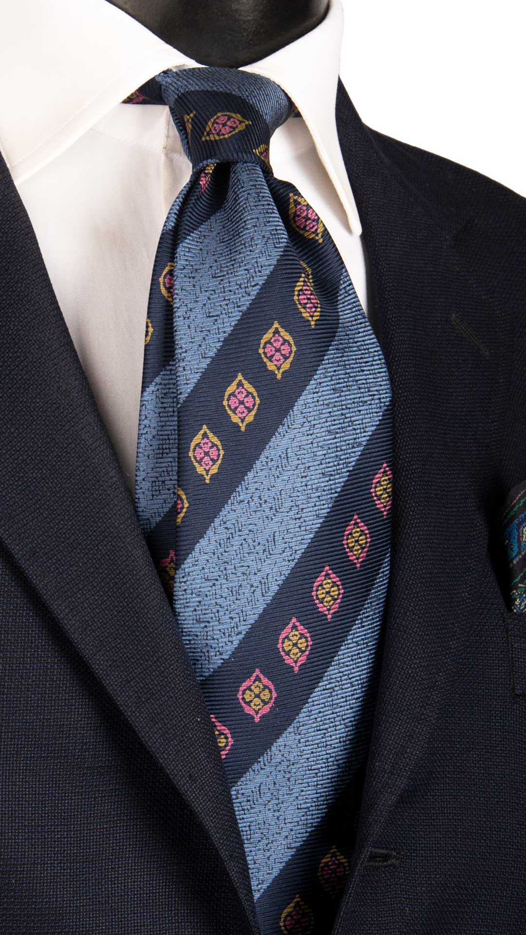 Cravatta Vintage Regimental in Saia di Seta Blu A Righe Celesti Fantasia Multicolor CV845 Graffeo Cravatte Made in Italy